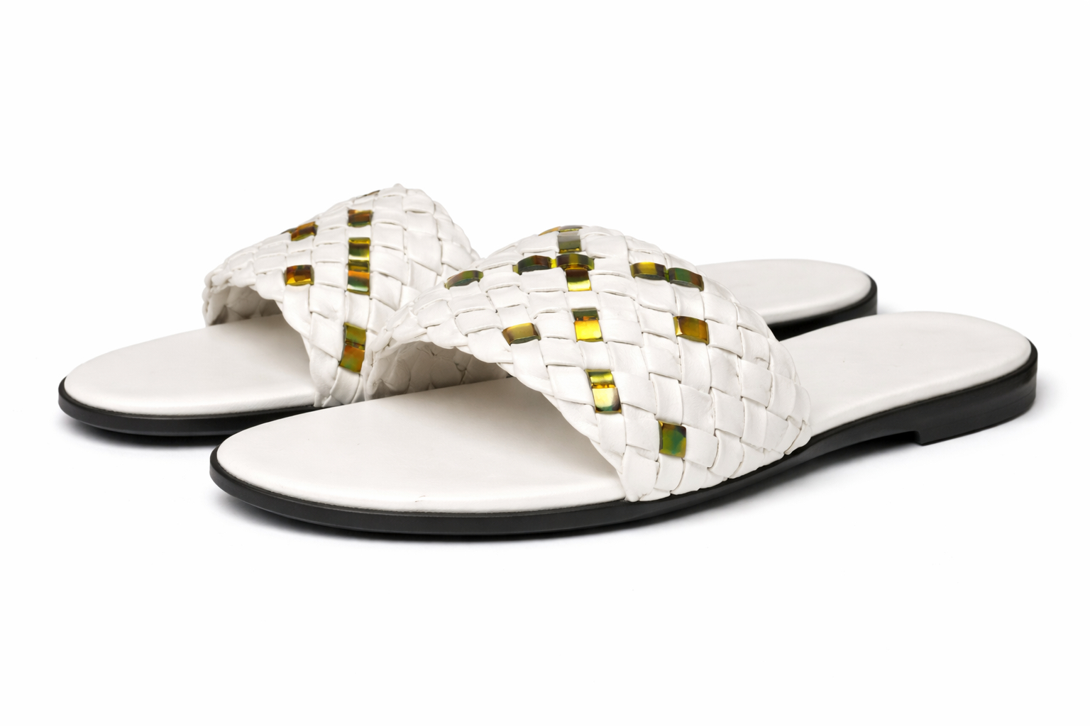 Women white Woven Slide Slippers with Metallic Accent Details